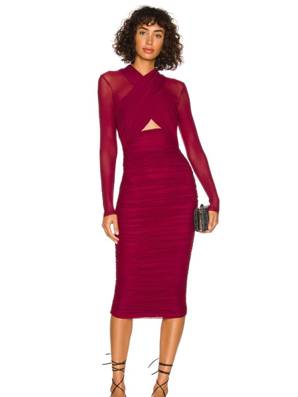 NEW Bardot Aliyah Midi Dress in Burgundy Red Mesh Long Sleeve Cutout